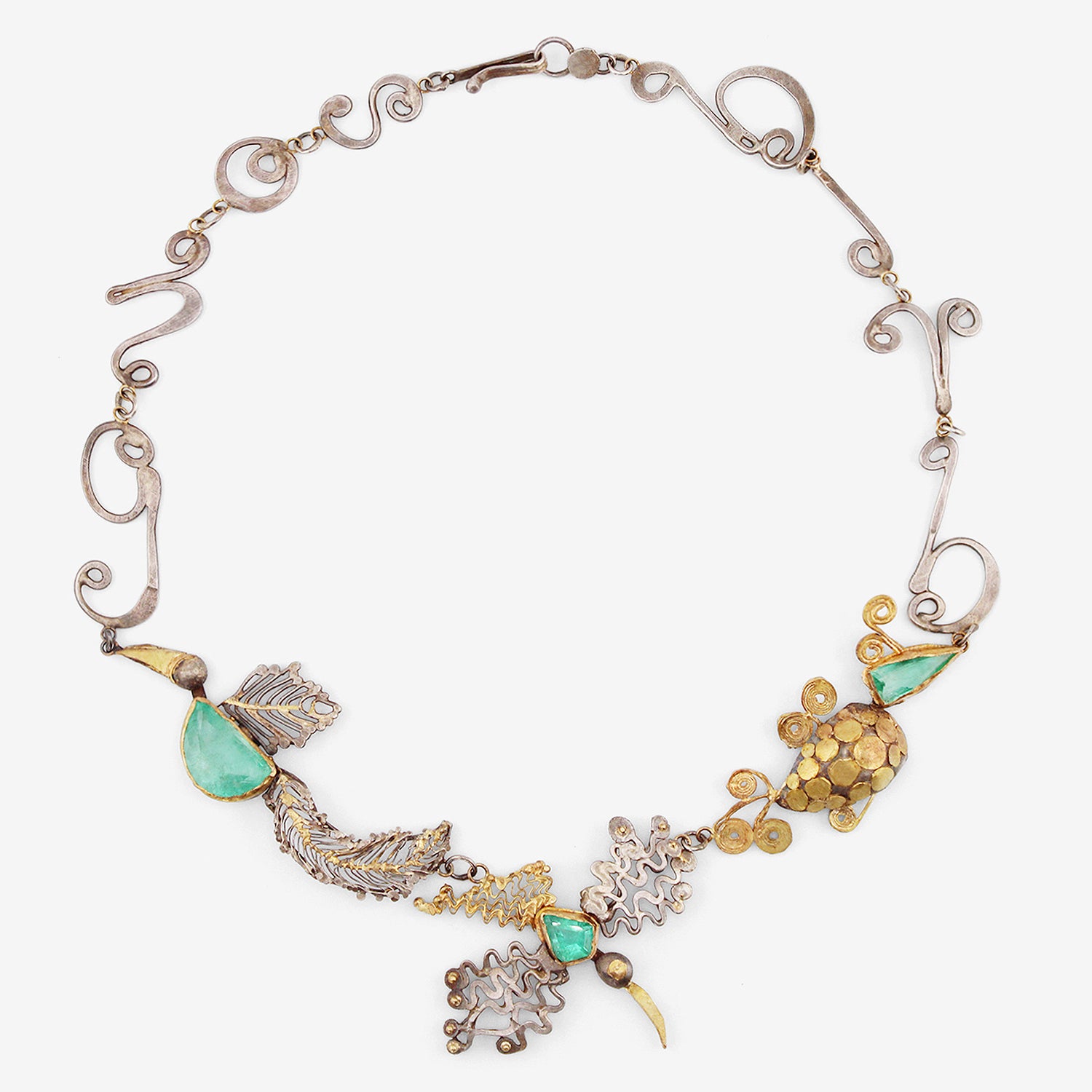JUDY GEIB SILVER & 18K BIRDSONG NECKLACE WITH COLOMBIAN EMERALDS, 13CT