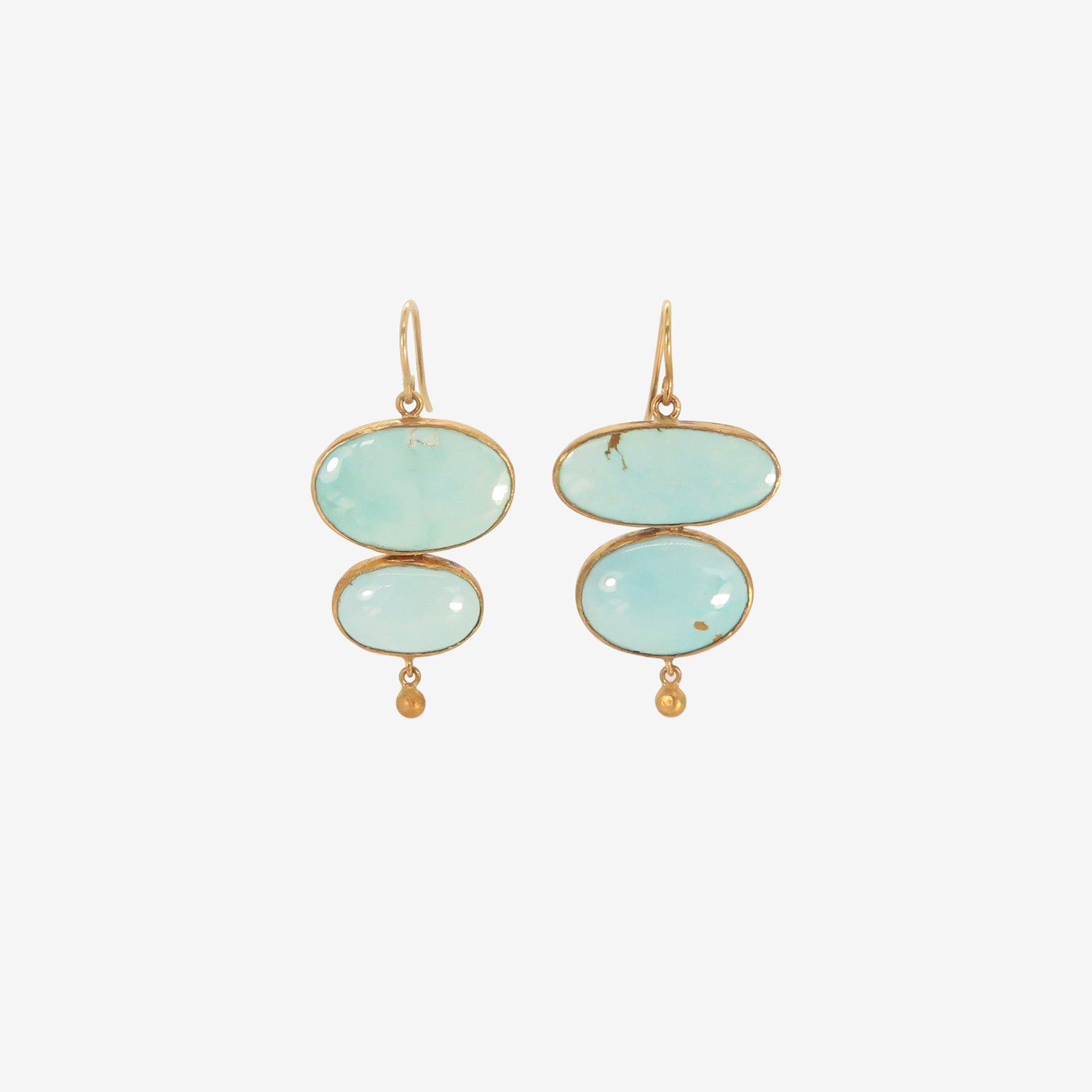 JUDY GEIB SILVER & 22K DOUBLE DROP PERSIAN TURQUOISE EARRINGS WITH 24K DROPS