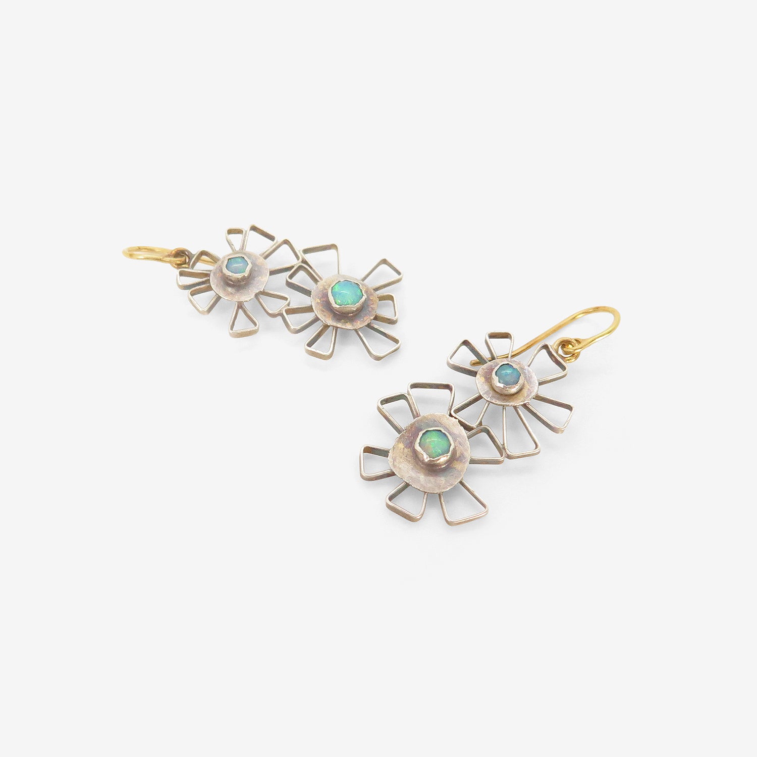 JUDY GEIB STERLING SILVER & ETHIOPIAN OPAL DOUBLE STARRY FLOWERY EARRINGS
