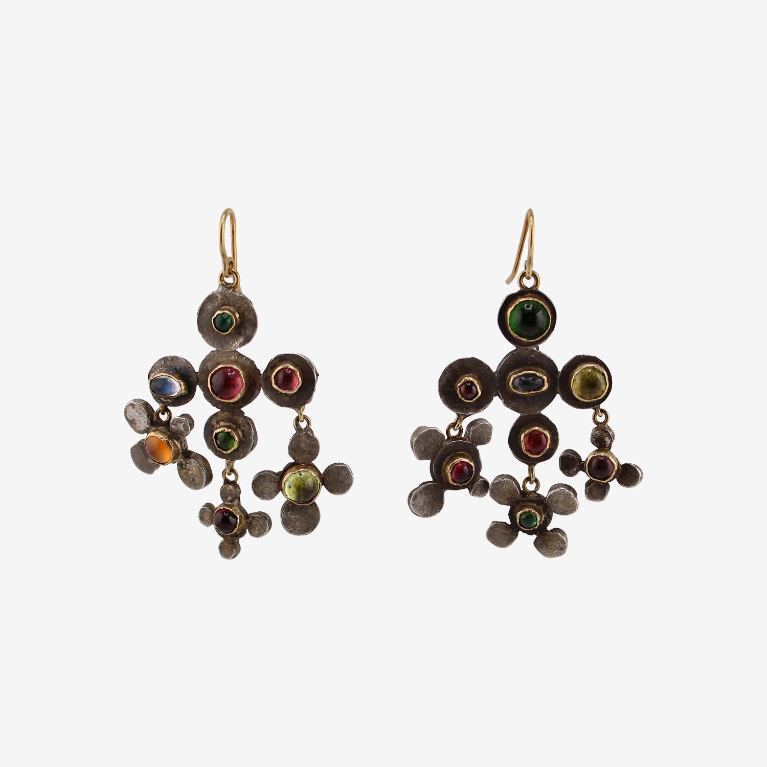 JUDY GEIB 18K & SILVER POLKA DOT CHANDELIER EARRINGS WITH GEMSTONES