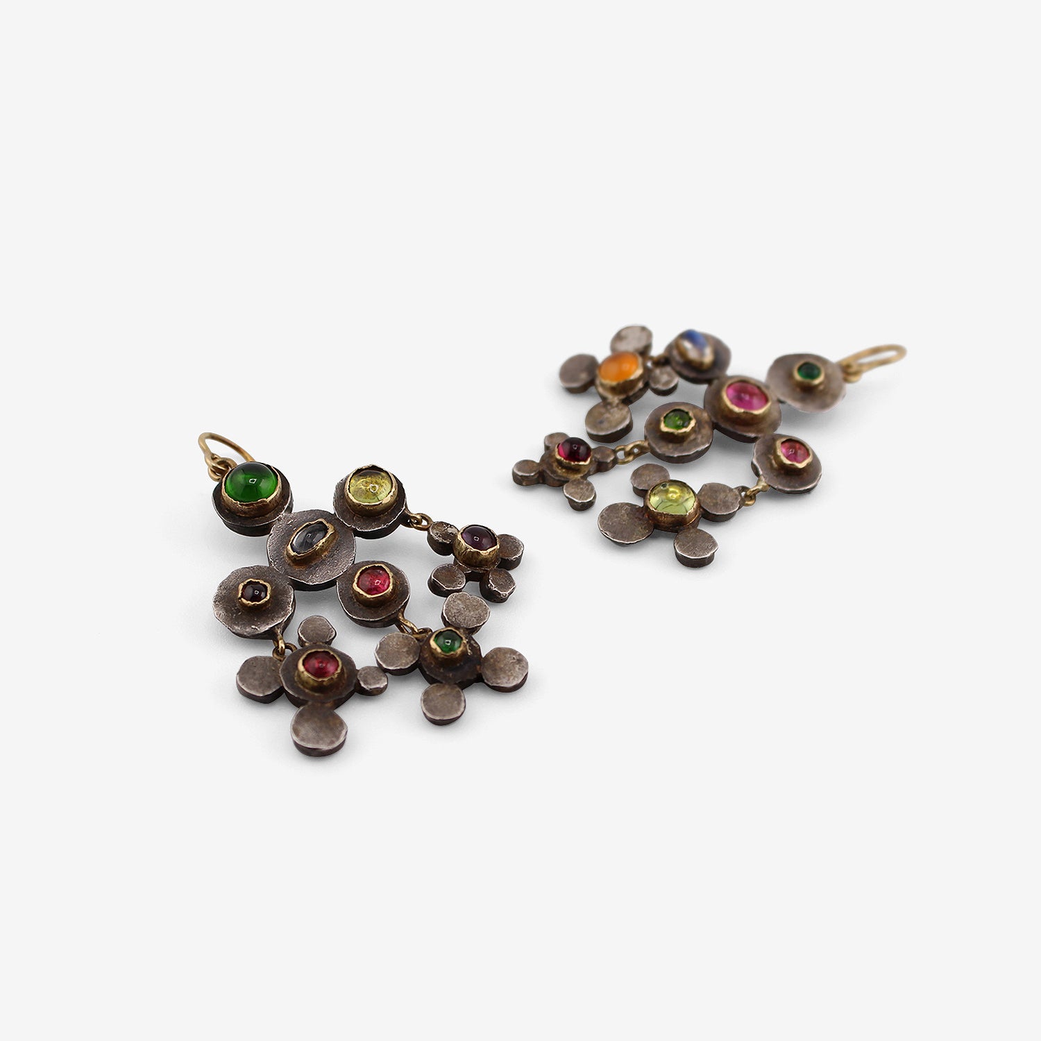 JUDY GEIB 18K & SILVER POLKA DOT CHANDELIER EARRINGS WITH GEMSTONES