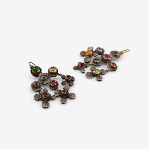 JUDY GEIB 18K & SILVER POLKA DOT CHANDELIER EARRINGS WITH GEMSTONES