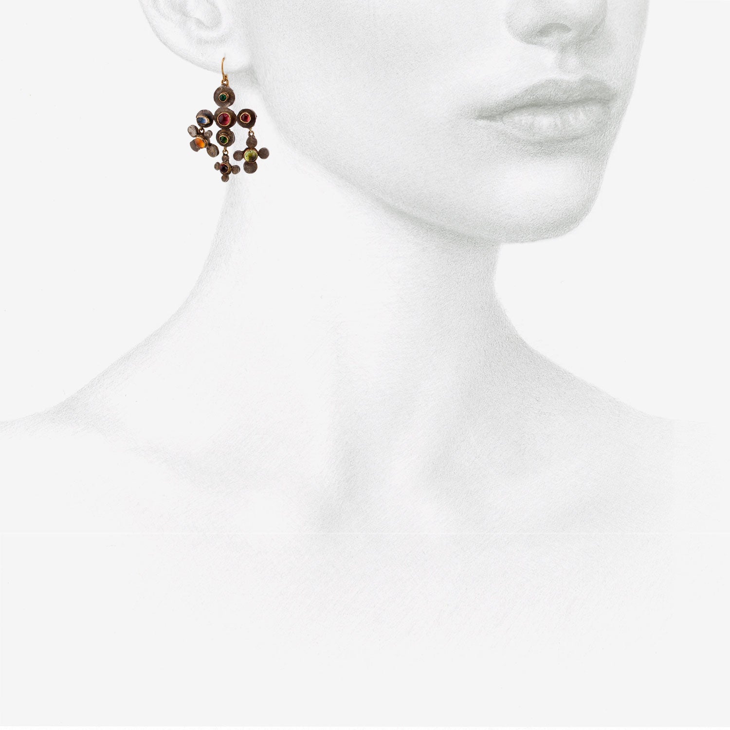 JUDY GEIB 18K & SILVER POLKA DOT CHANDELIER EARRINGS WITH GEMSTONES