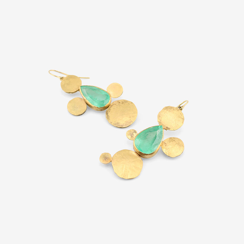 JUDY GEIB 22K & PEAR-SHAPED COLOMBIAN EMERALD WILD MEDIEVAL FOLKLORISH EARRINGS, 19CT