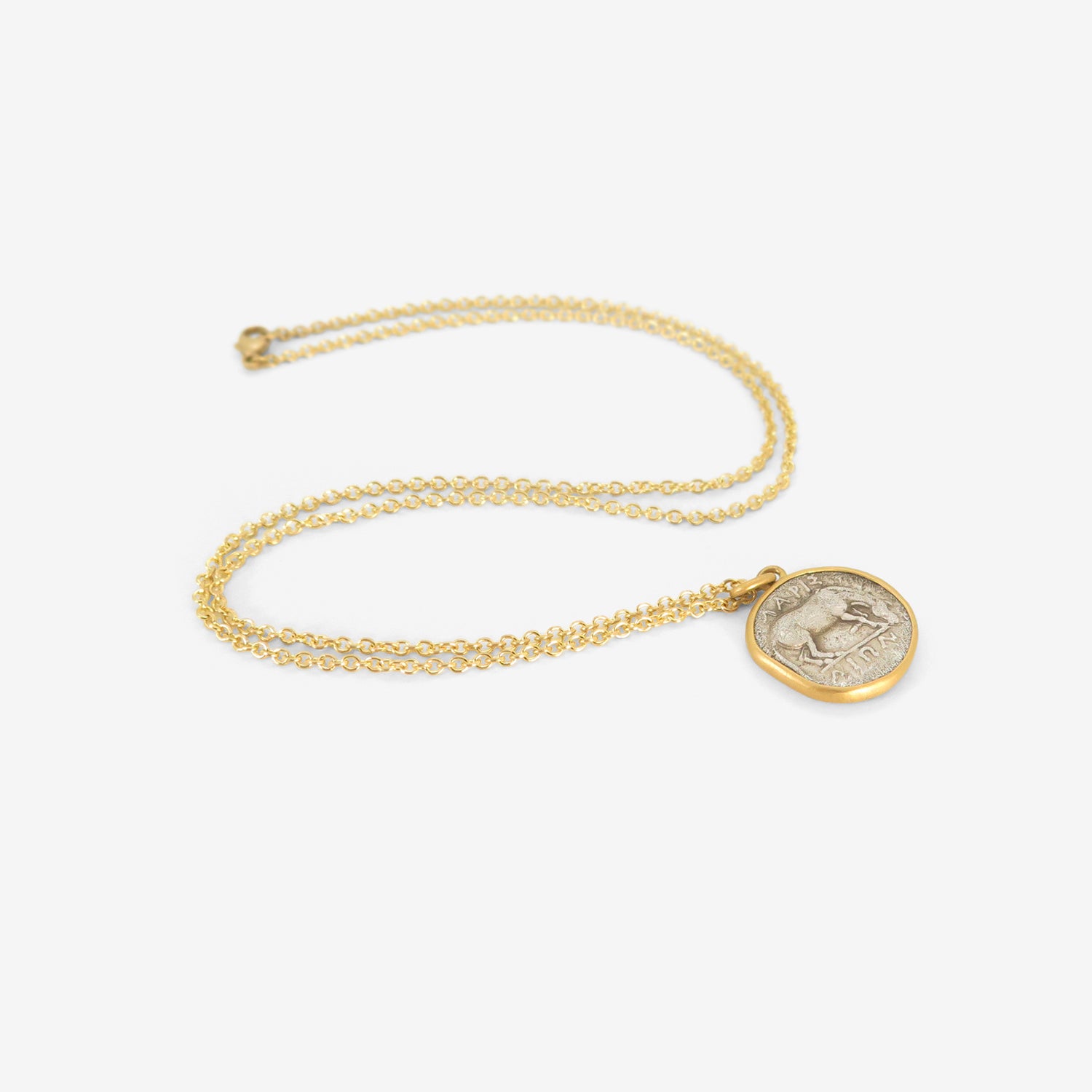 LOLA BROOKS 22K GRAZING HORSE/HEAD OF NYMPH LARISSA ANCIENT COIN PENDANT, 356-320 BC