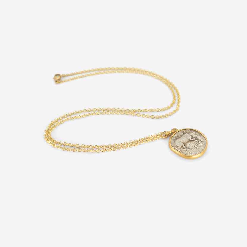 LOLA BROOKS 22K GRAZING HORSE/HEAD OF NYMPH LARISSA ANCIENT COIN PENDANT, 356-320 BC