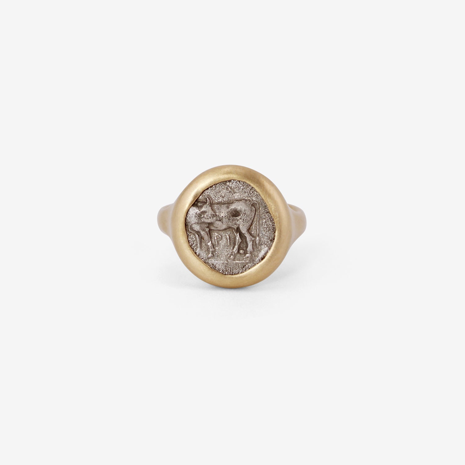 LOLA BROOKS 18K & SILVER ANCIENT GREEK BULL / GORGON HEAD OF MEDUSA COIN RING, 400-300 BC