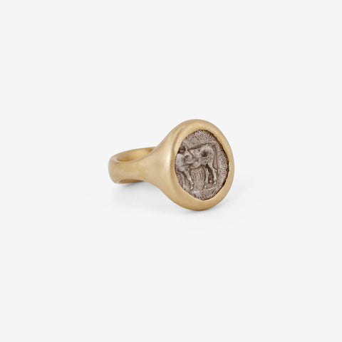 LOLA BROOKS 18K & SILVER ANCIENT GREEK BULL / GORGON HEAD OF MEDUSA COIN RING, 400-300 BC