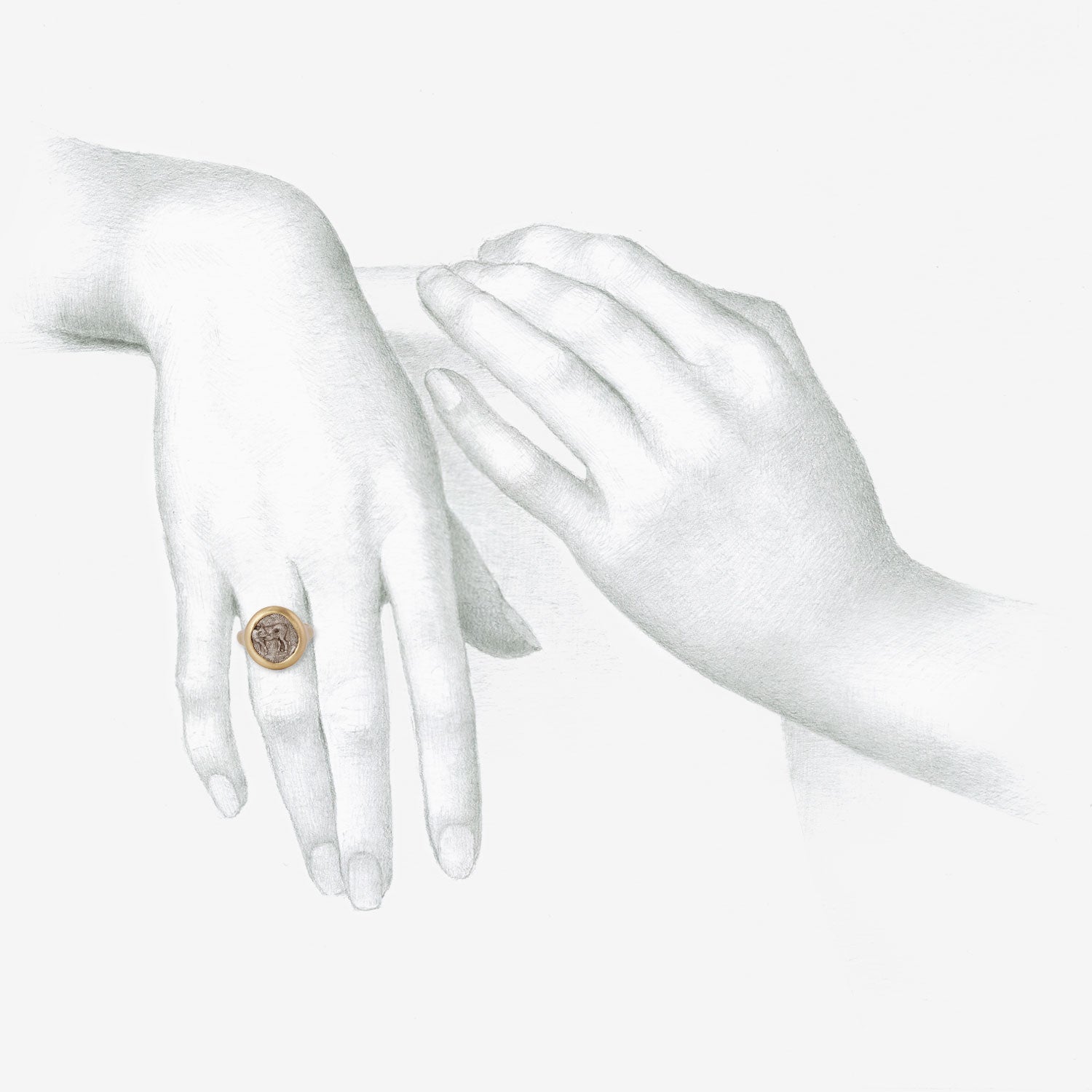 LOLA BROOKS 18K & SILVER ANCIENT GREEK BULL / GORGON HEAD OF MEDUSA COIN RING, 400-300 BC