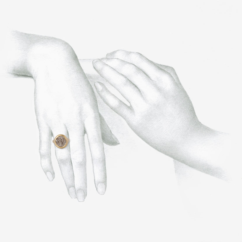 LOLA BROOKS 18K & SILVER ANCIENT GREEK BULL / GORGON HEAD OF MEDUSA COIN RING, 400-300 BC