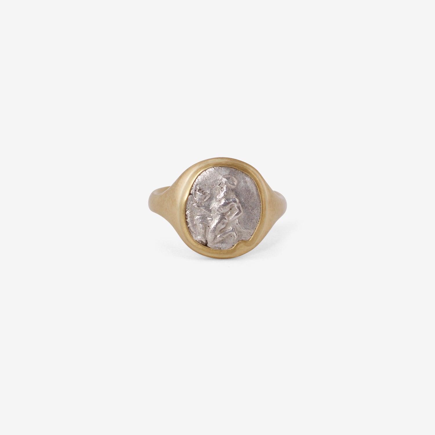LOLA BROOKS 18K & SILVER ANCIENT GREEK KNEELING SATYR / AMPHORA COIN RING, 404-355 BC