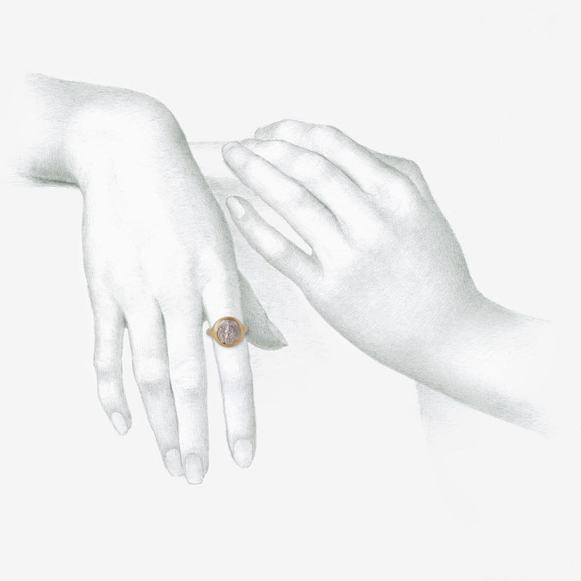 LOLA BROOKS 18K & SILVER ANCIENT GREEK KNEELING SATYR / AMPHORA COIN RING, 404-355 BC