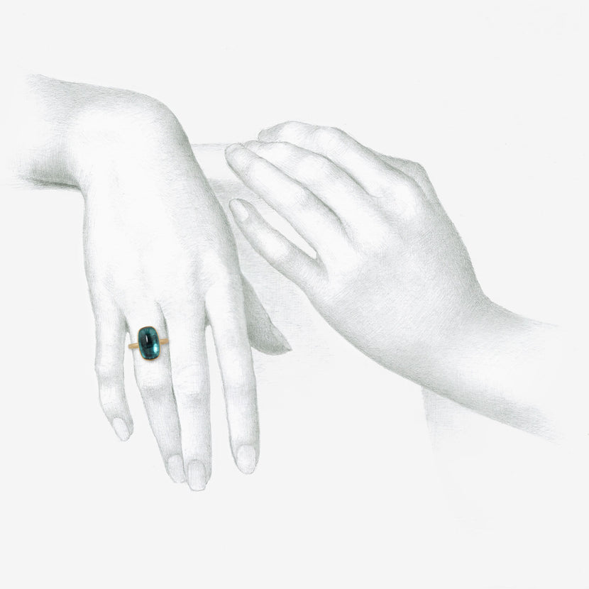 LOLA BROOKS 18K & LONG CUSHION-SHAPED BLUE GREEN TOURMALINE RING, 8.95CT