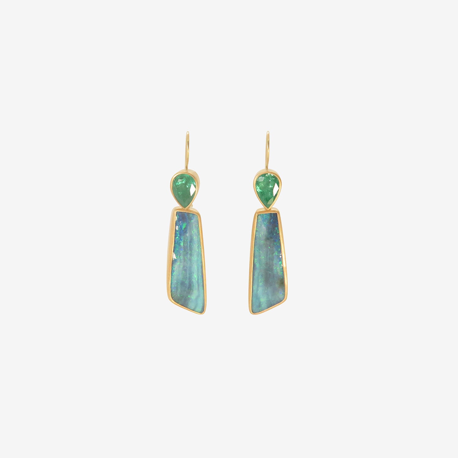 LOLA BROOKS 22K & RECTANGULAR BOULDER OPAL EARRINGS WITH ZAMBIAN EMERALD