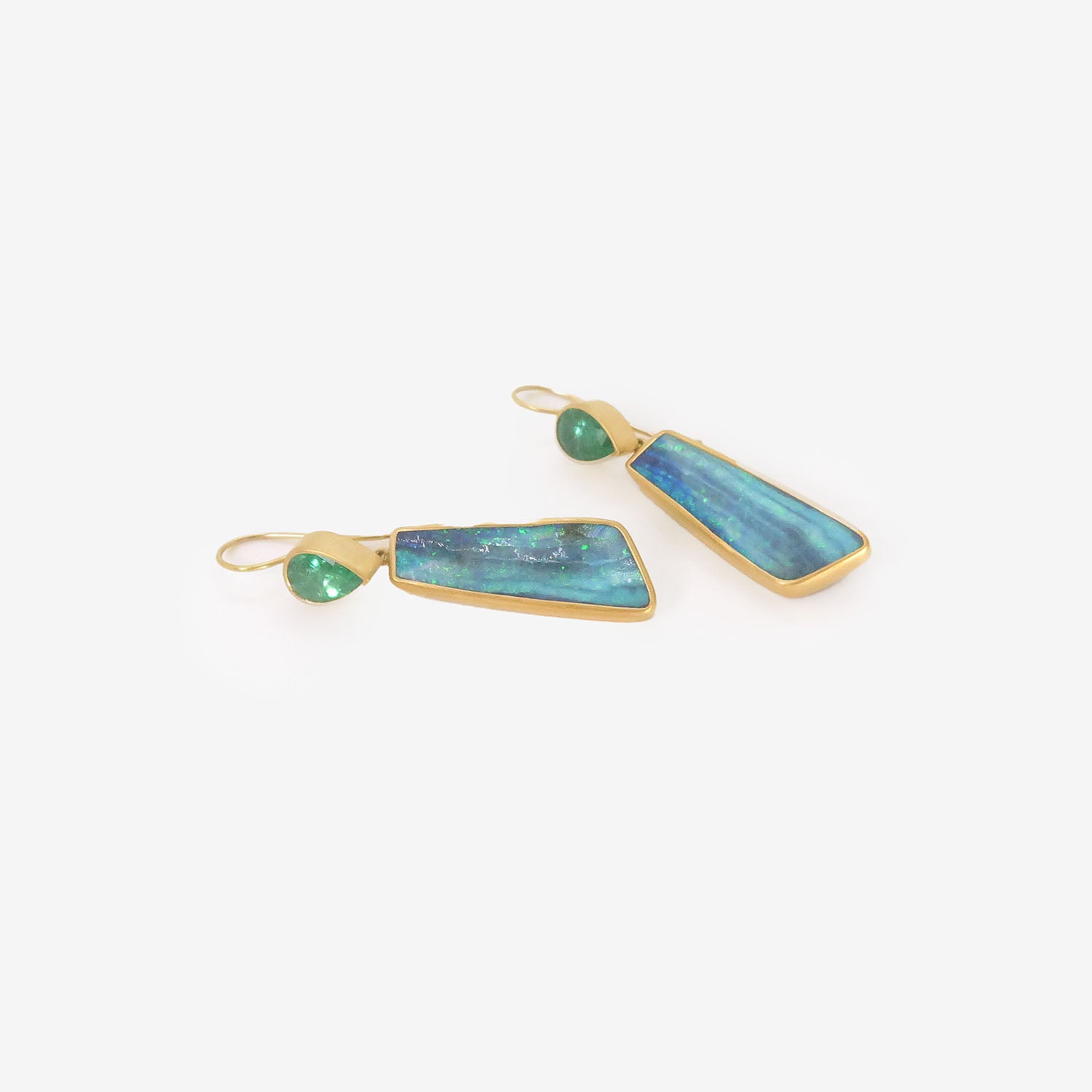 LOLA BROOKS 22K & RECTANGULAR BOULDER OPAL EARRINGS WITH ZAMBIAN EMERALD