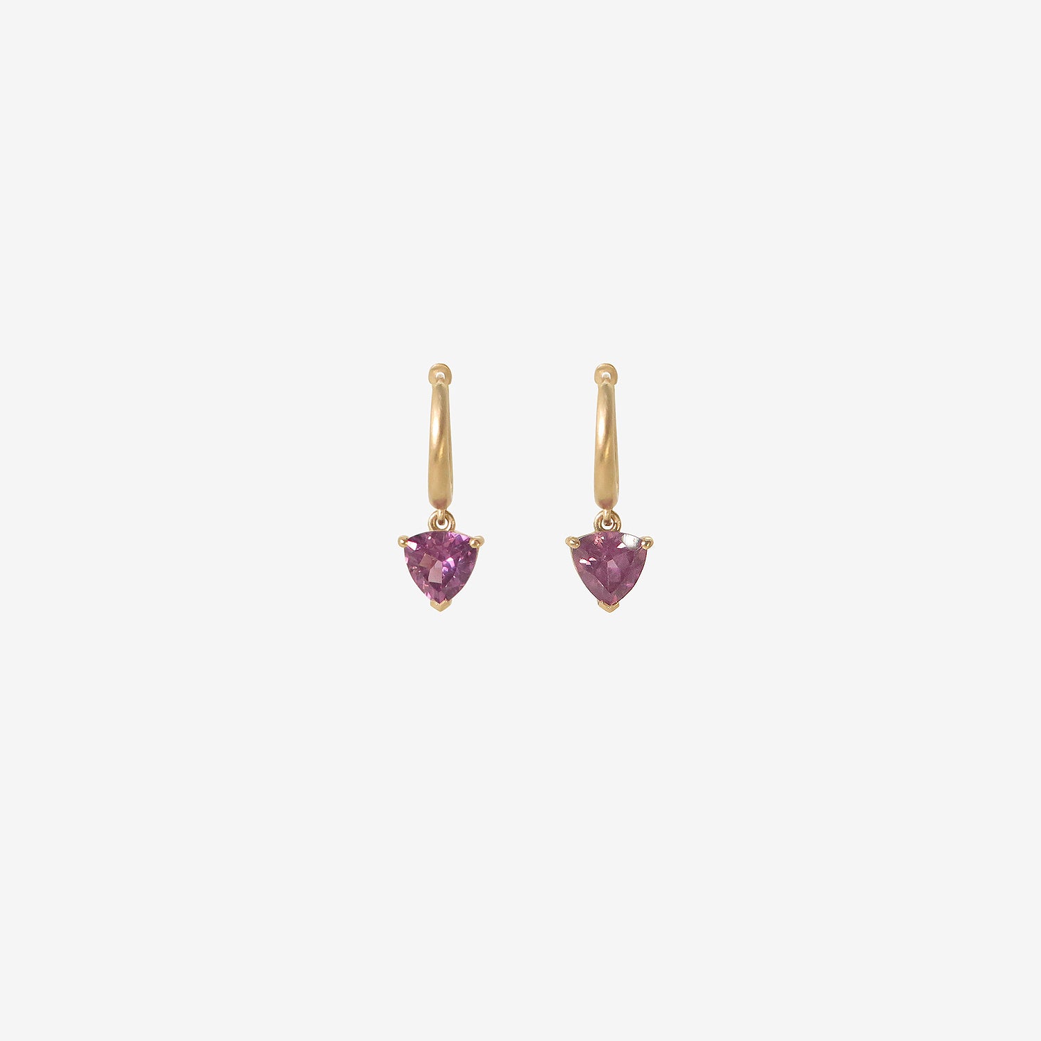 NICOLE LANDAW 14K HUGGIE HOOPS WITH TRILLION-CUT RHODOLITE DROPS