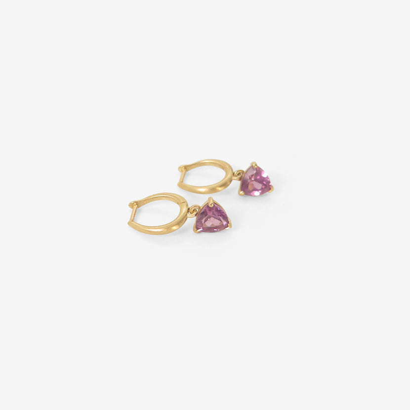 NICOLE LANDAW 14K HUGGIE HOOPS WITH TRILLION-CUT RHODOLITE DROPS