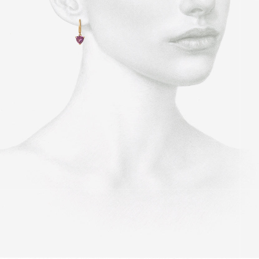 NICOLE LANDAW 14K HUGGIE HOOPS WITH TRILLION-CUT RHODOLITE DROPS