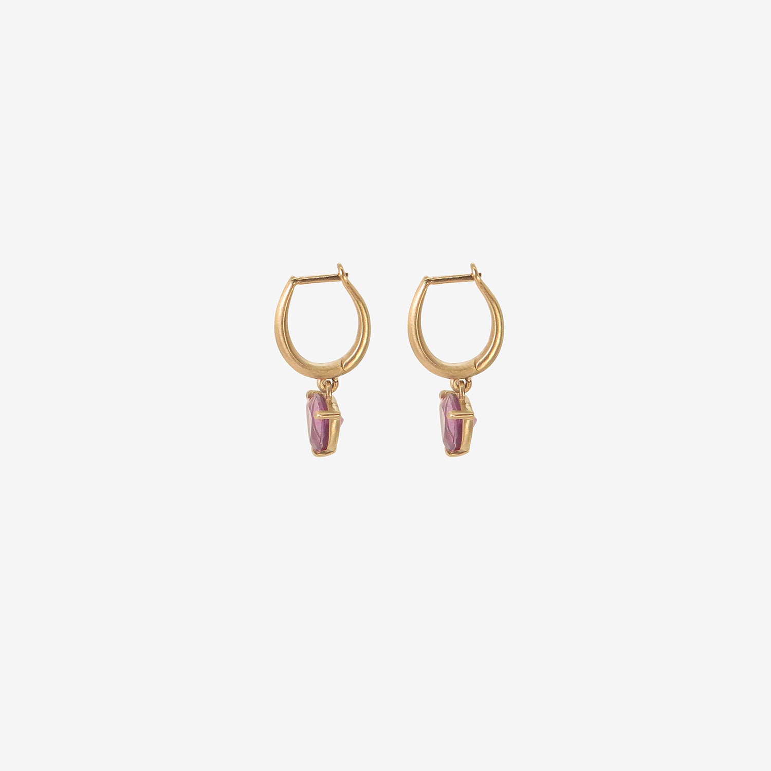 NICOLE LANDAW 14K HUGGIE HOOPS WITH TRILLION-CUT RHODOLITE DROPS