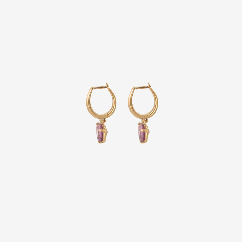 NICOLE LANDAW 14K HUGGIE HOOPS WITH TRILLION-CUT RHODOLITE DROPS