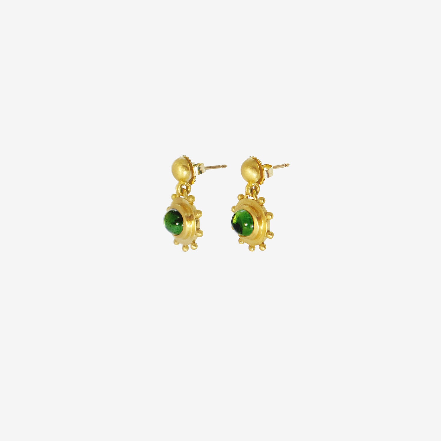 PROUNIS 22K & GREEN TOURMALINE LARGE GRANULATED BELL EARRINGS
