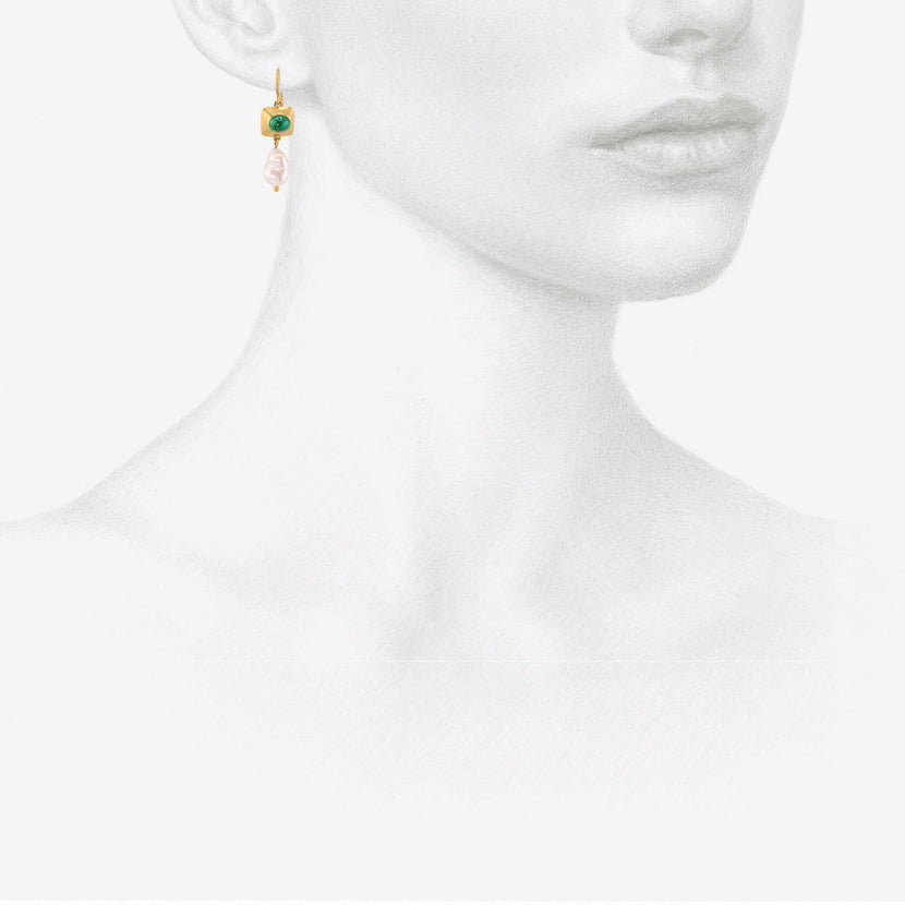 PROUNIS 22K & EMERALD PINCH EARRINGS WITH KESHI PEARLS