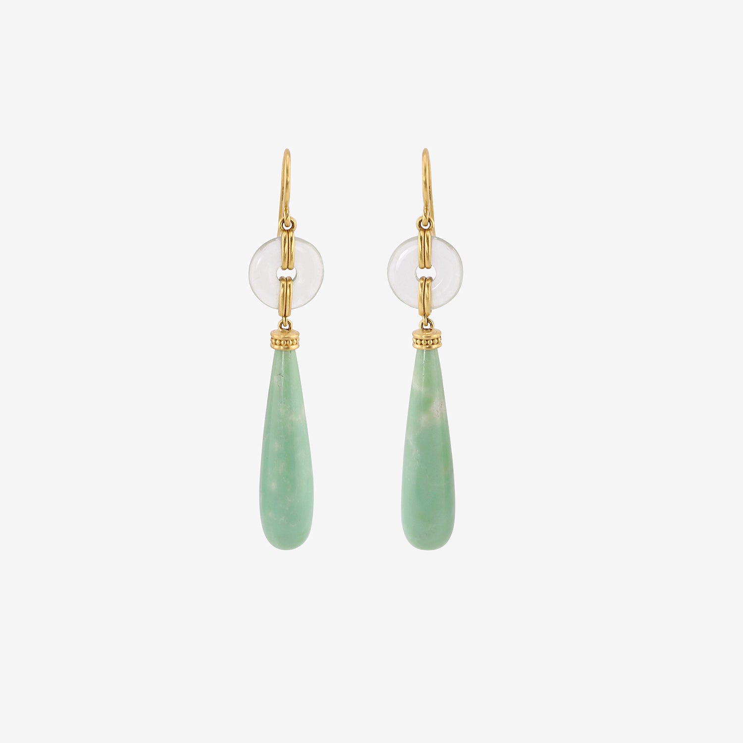 PROUNIS 22K & GREEN BERYL DISCUS EARRINGS WITH CHRYSOPRASE DROPS