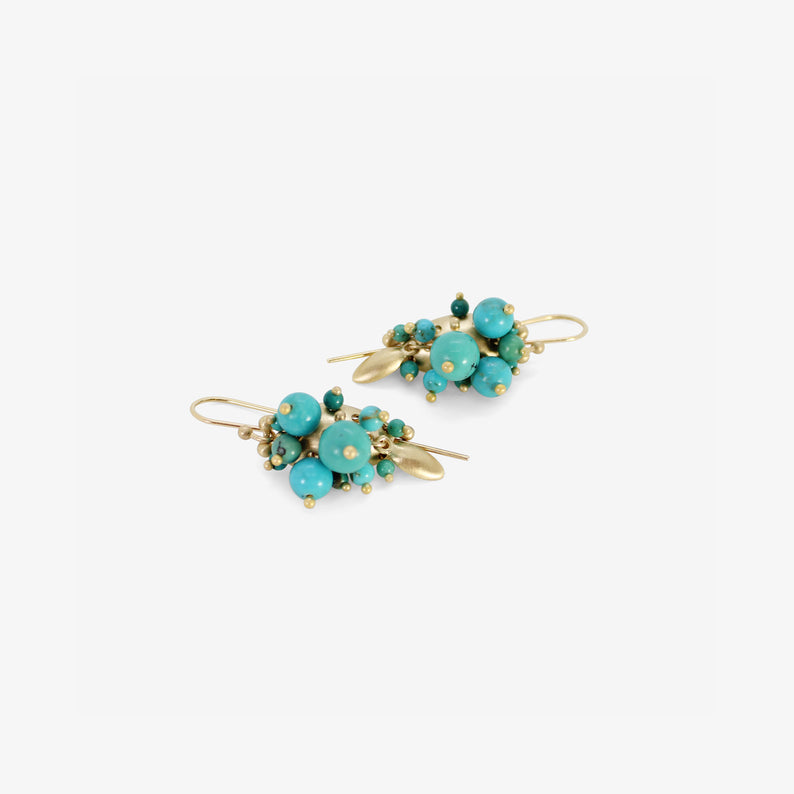 TED MUEHLING 10K & CHINESE TURQUOISE BUG CLUSTER EARRINGS