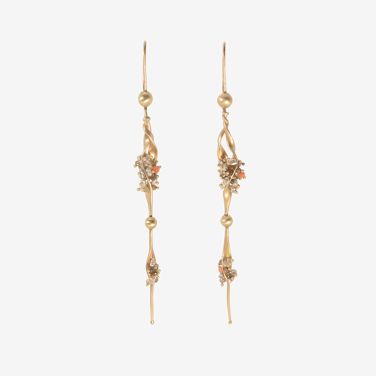 TED MUEHLING 14K SEAWEED EARRINGS WITH KESHI PEARLS & DIAMONDS