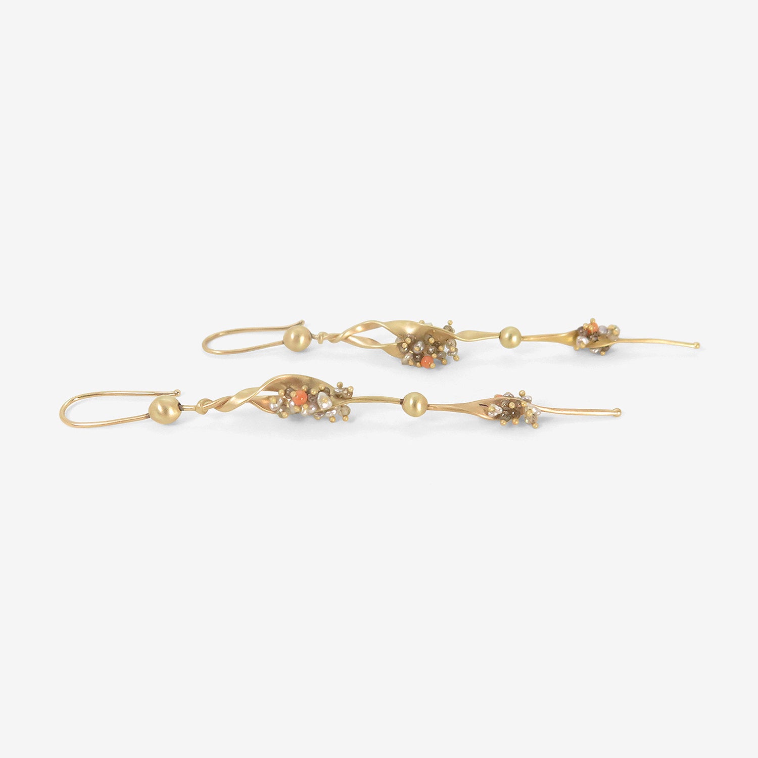 TED MUEHLING 14K SEAWEED EARRINGS WITH KESHI PEARLS & DIAMONDS