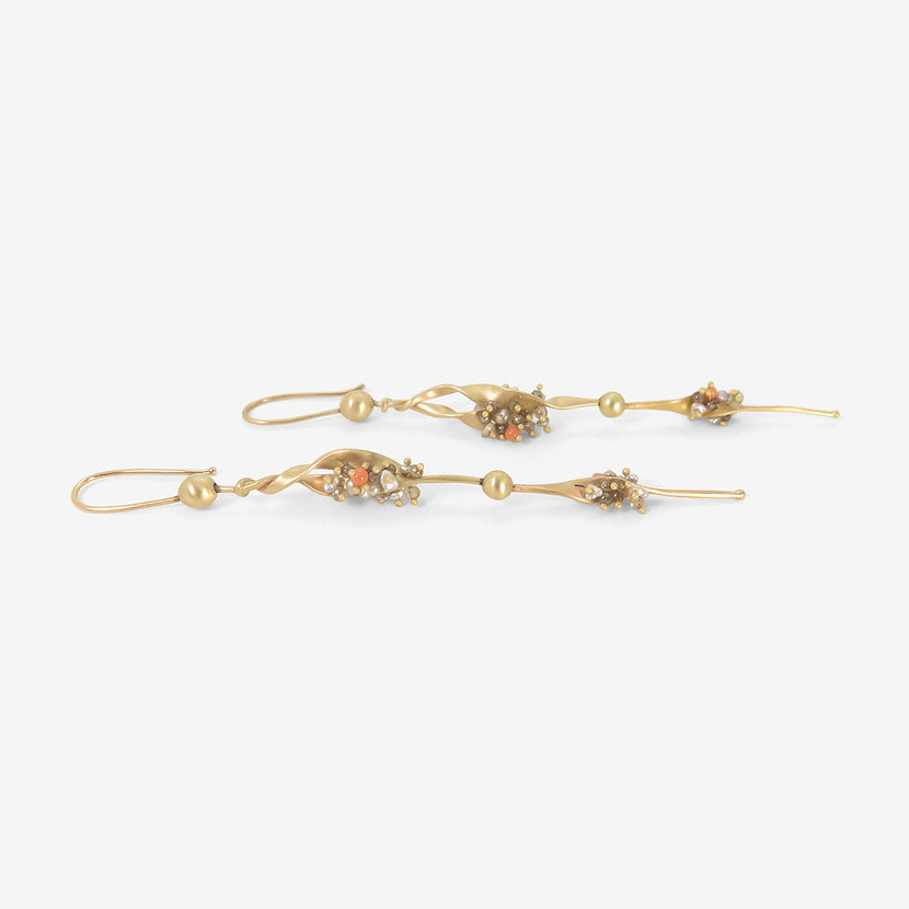 TED MUEHLING 14K SEAWEED EARRINGS WITH KESHI PEARLS & DIAMONDS
