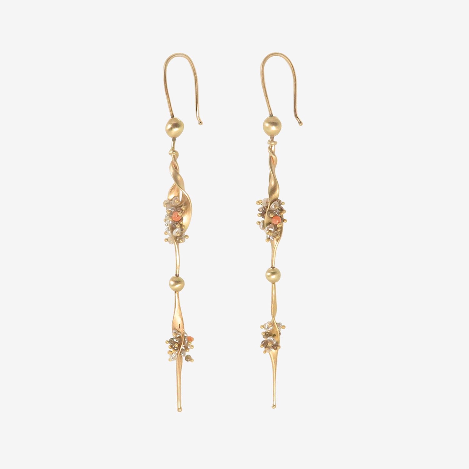 TED MUEHLING 14K SEAWEED EARRINGS WITH KESHI PEARLS & DIAMONDS