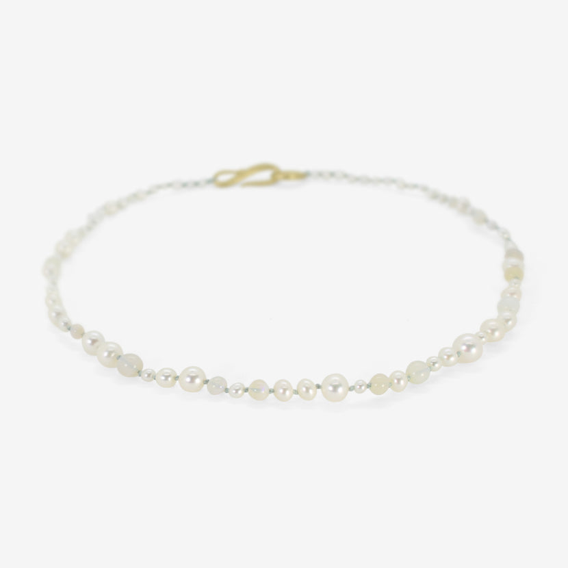 TED MUEHLING PEARL & OPAL CHOKER ON BLUE SILK THREAD WITH 18K CLASP