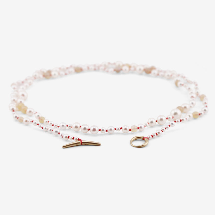 TED MUEHLING 10K PEARL & OPAL NECKLACE ON CORAL THREAD