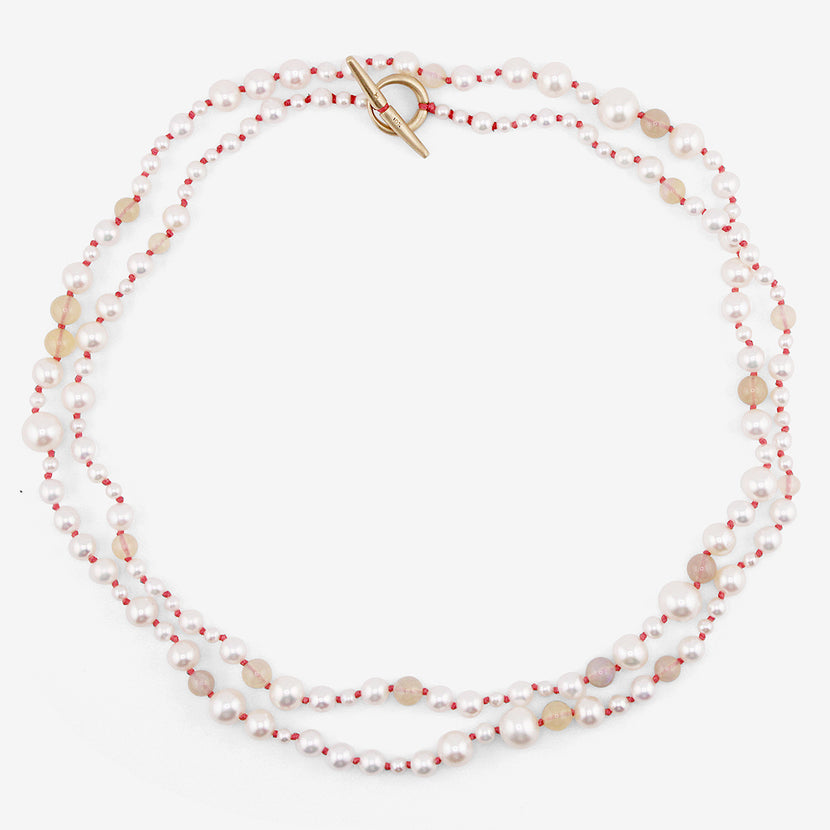 TED MUEHLING 10K PEARL & OPAL NECKLACE ON CORAL THREAD