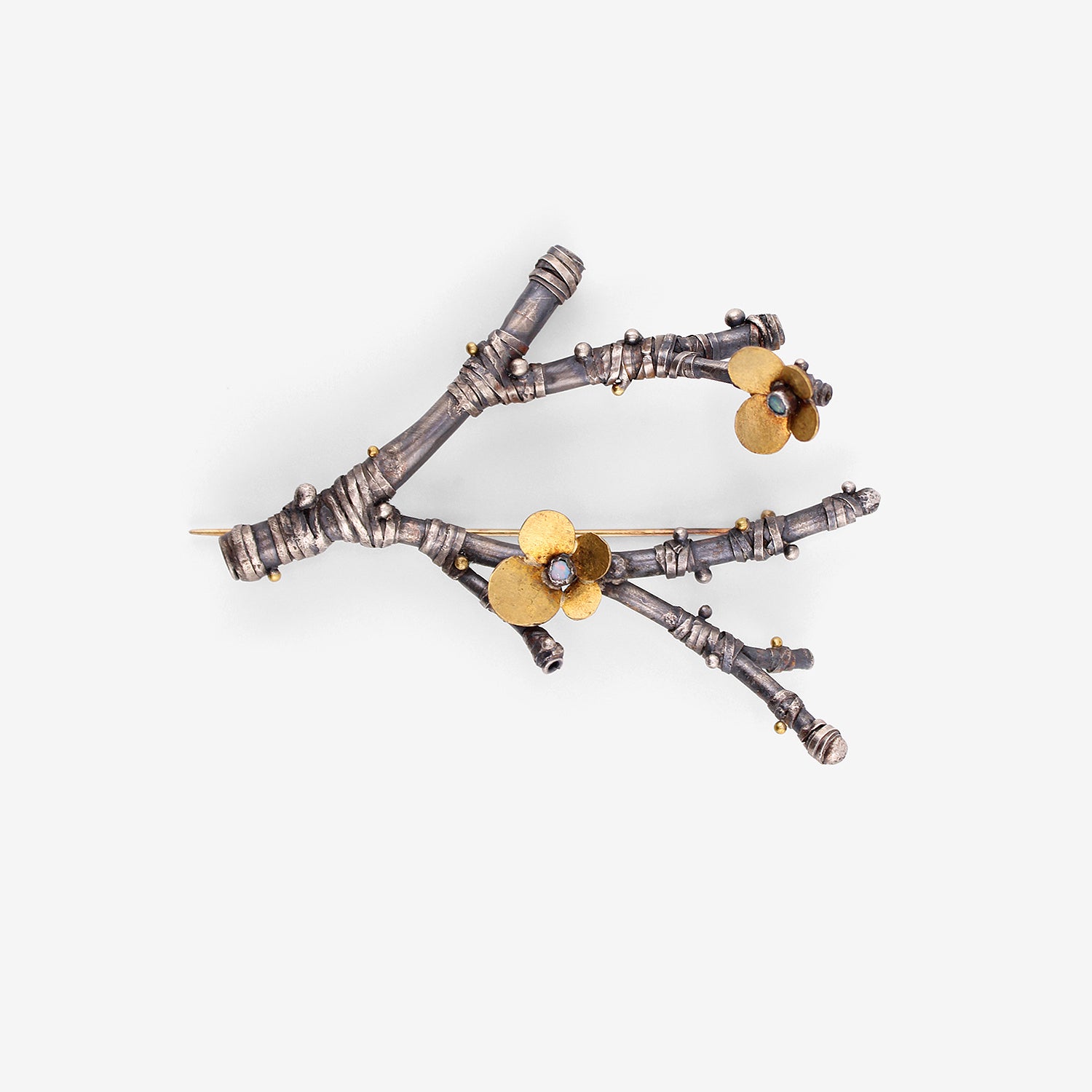 JUDY GEIB SILVER & 24K CHERRY BRANCH PIN WITH OPALS