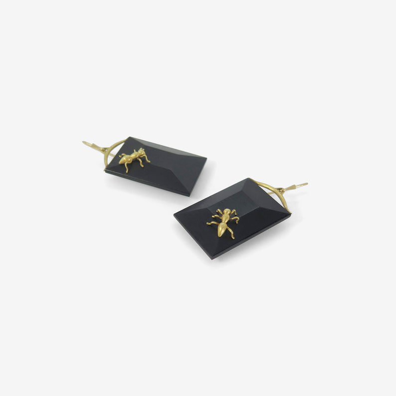GABRIELLA KISS 18K & HAND-CARVED JET RECTANGLE EARRINGS WITH ANTS