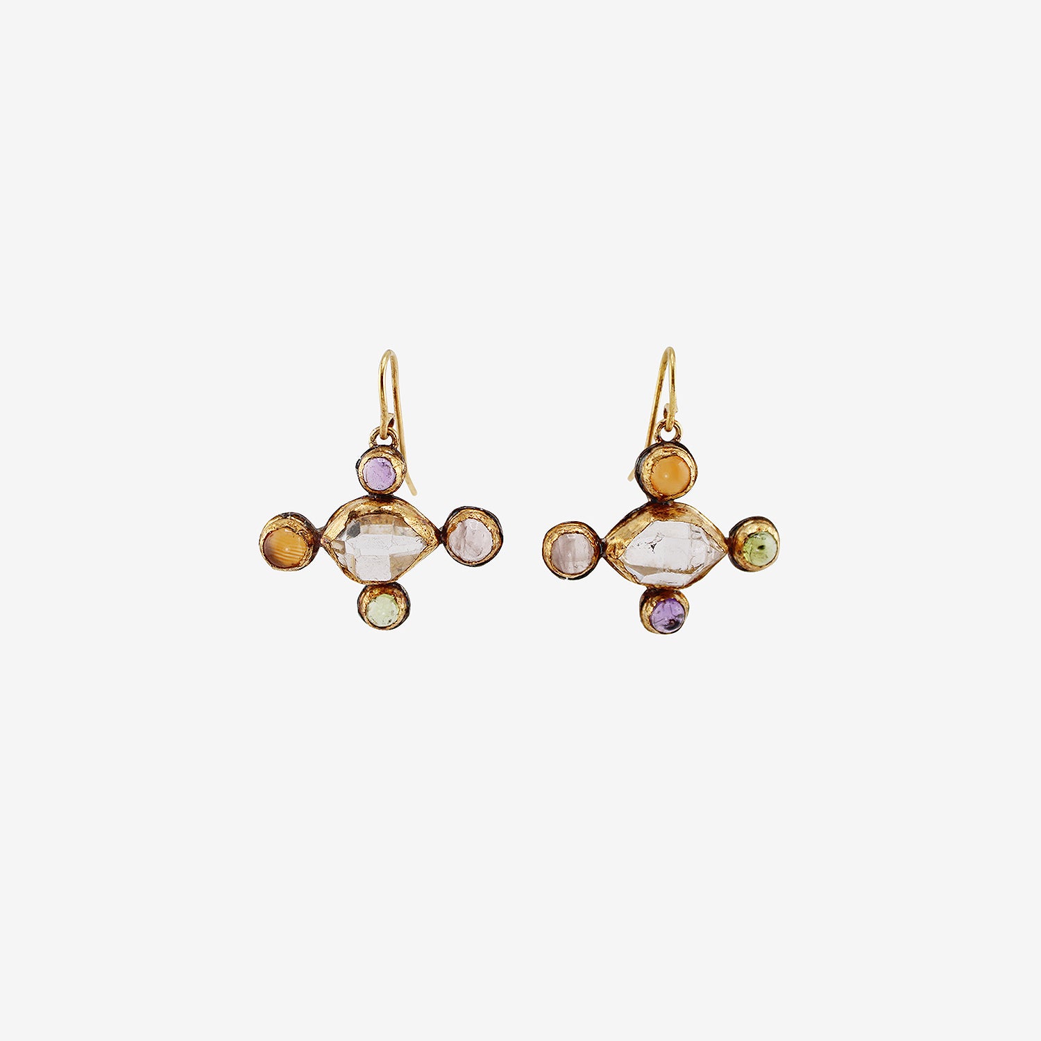 JUDY GEIB 18K & HERKIMER DIAMOND CROSS-SHAPED EARRINGS WITH GEMSTONES