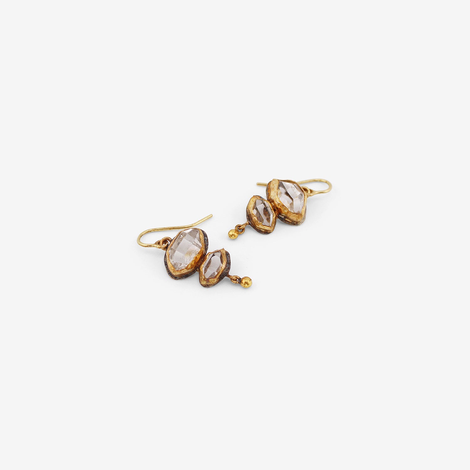 JUDY GEIB 18K & STERLING SILVER BEZEL-SET HERKIMER DIAMOND DOUBLE DROP EARRINGS WITH 24K DROPS