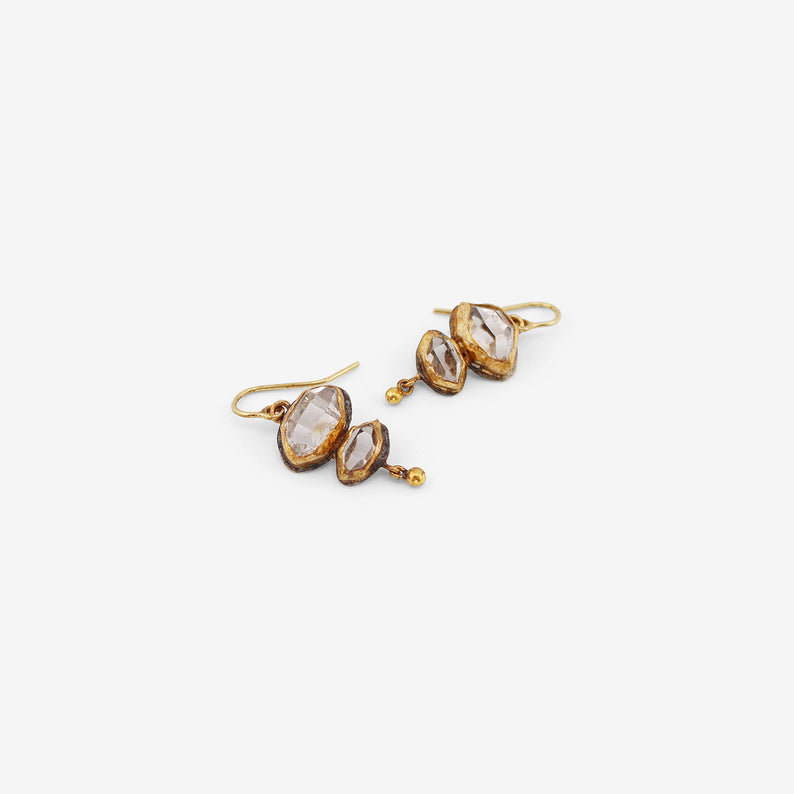 JUDY GEIB 18K & STERLING SILVER BEZEL-SET HERKIMER DIAMOND DOUBLE DROP EARRINGS WITH 24K DROPS