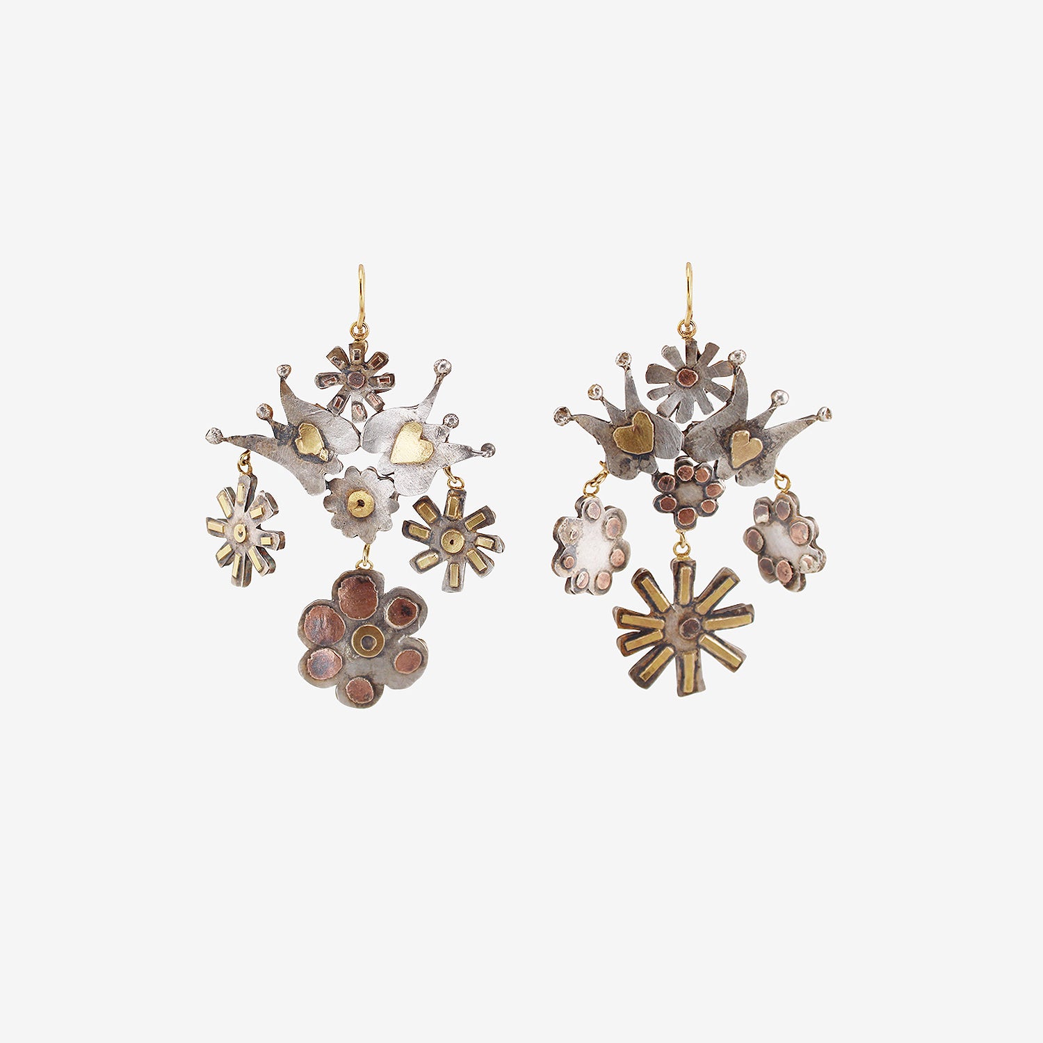 JUDY GEIB STERLING SILVER SMORGASBORD FOLKLORIC EARRINGS WITH 18K & COPPER DETAILS