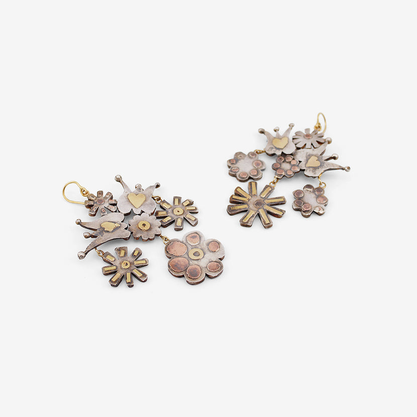 JUDY GEIB STERLING SILVER SMORGASBORD FOLKLORIC EARRINGS WITH 18K & COPPER DETAILS