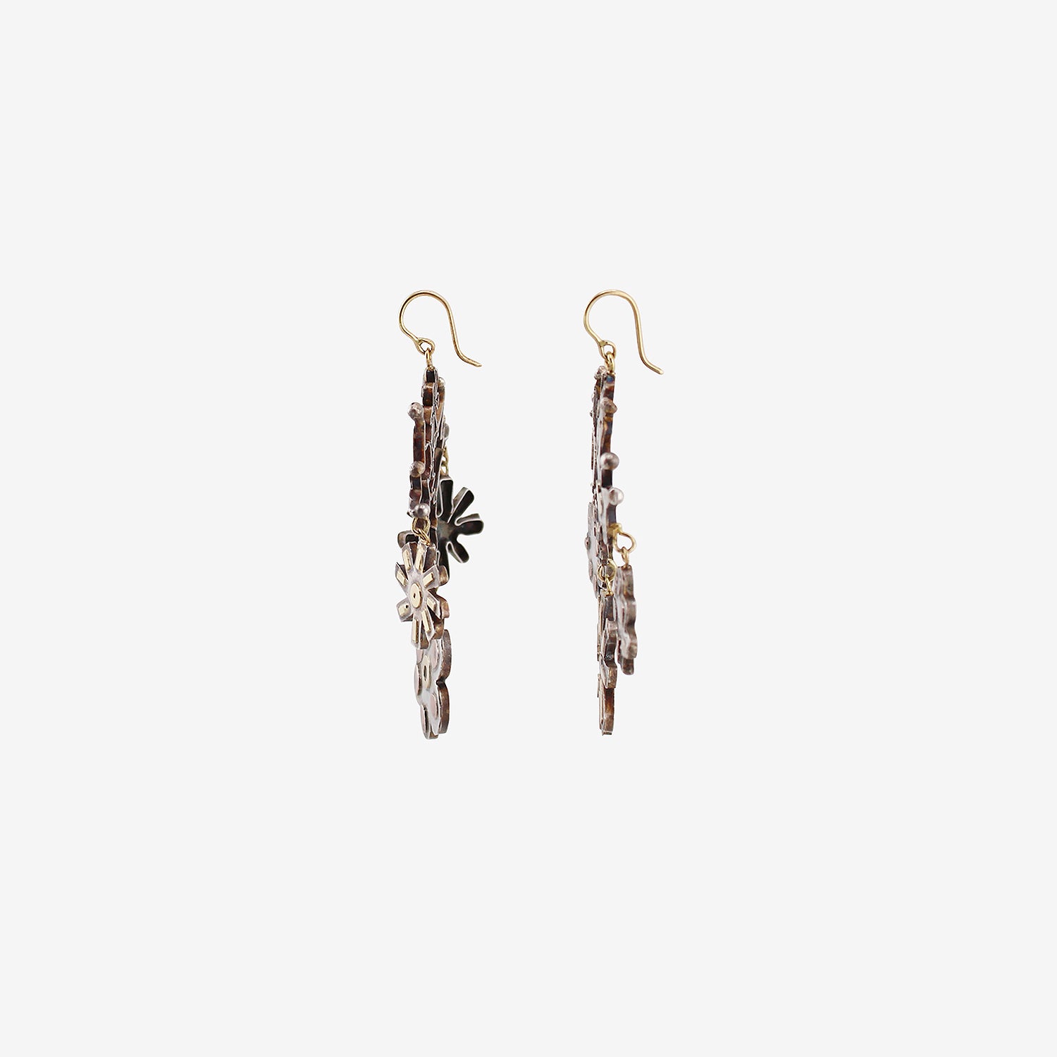 JUDY GEIB STERLING SILVER SMORGASBORD FOLKLORIC EARRINGS WITH 18K & COPPER DETAILS