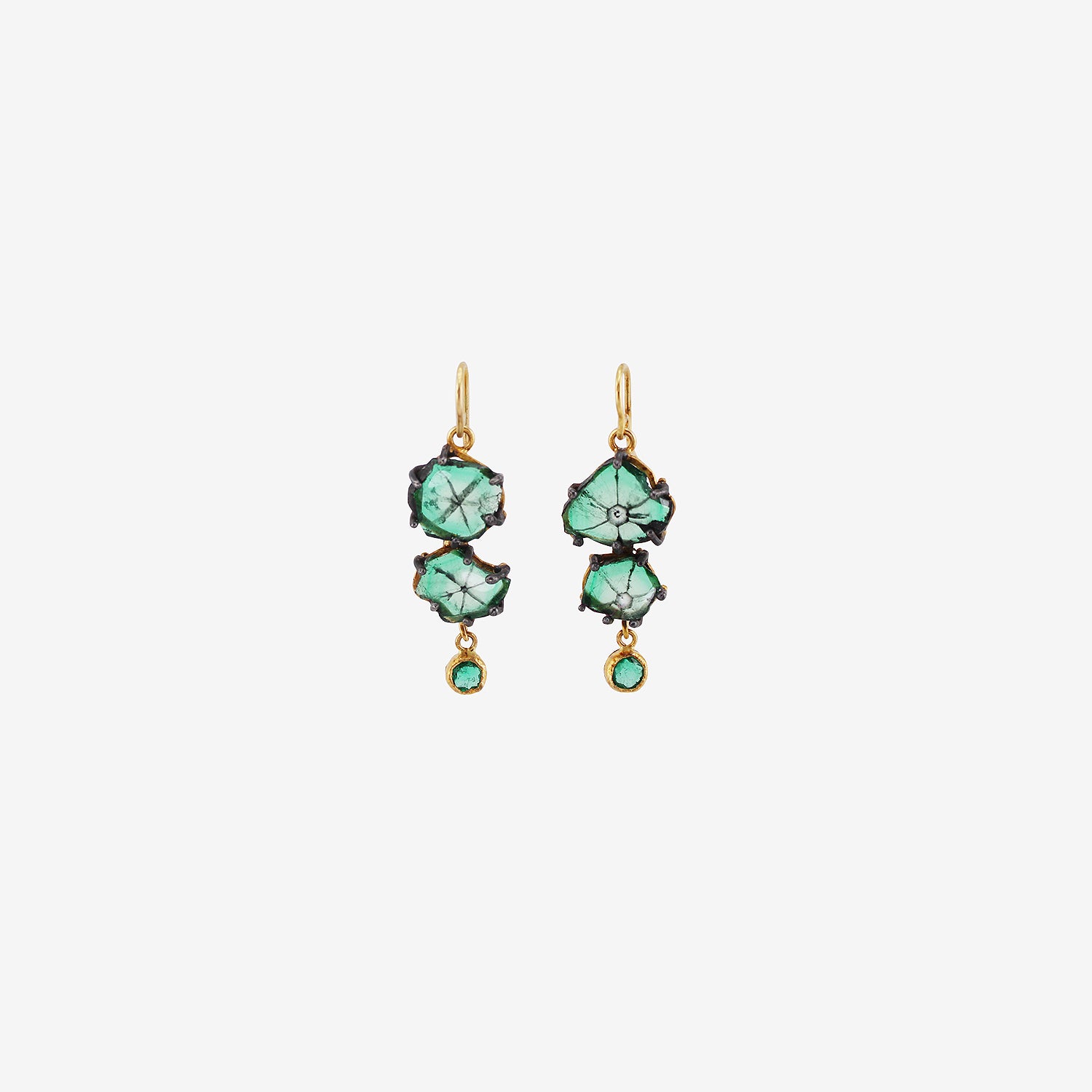 JUDY GEIB 18K & TRAPICHE EMERALD DOUBLE DROP EARRINGS WITH ROUND EMERALD DROPS