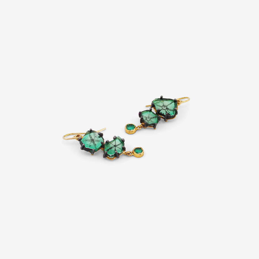 JUDY GEIB 18K & TRAPICHE EMERALD DOUBLE DROP EARRINGS WITH ROUND EMERALD DROPS