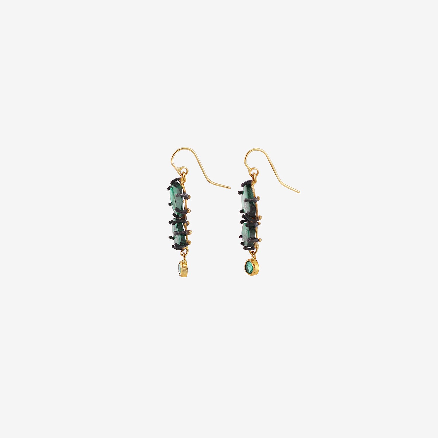 JUDY GEIB 18K & TRAPICHE EMERALD DOUBLE DROP EARRINGS WITH ROUND EMERALD DROPS