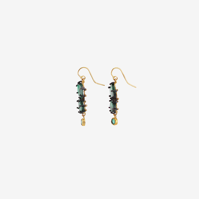 JUDY GEIB 18K & TRAPICHE EMERALD DOUBLE DROP EARRINGS WITH ROUND EMERALD DROPS