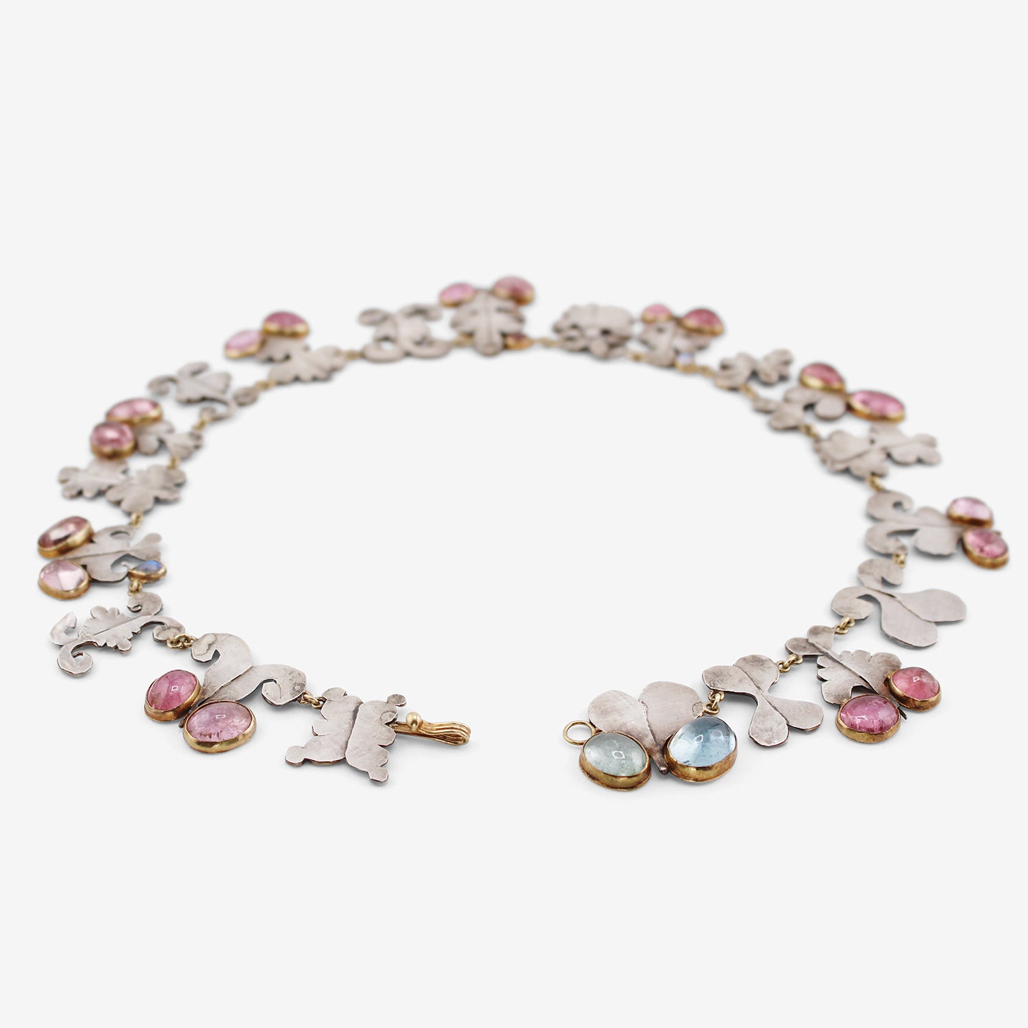 JUDY GEIB 18K & STERLING SILVER SHAPE NECKLACE WITH PINK TOURMALINE & AQUAMARINE