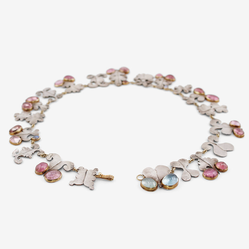 JUDY GEIB 18K & STERLING SILVER SHAPE NECKLACE WITH PINK TOURMALINE & AQUAMARINE