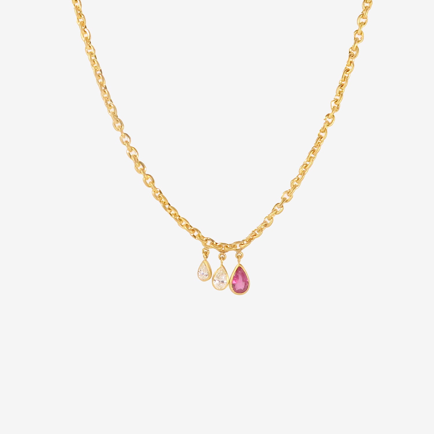 DARIUS 18K FAIRY CHAIN WITH PEAR-SHAPED PINK SAPPHIRE & TWO PEAR-SHAPED ANTIQUE DIAMONDS